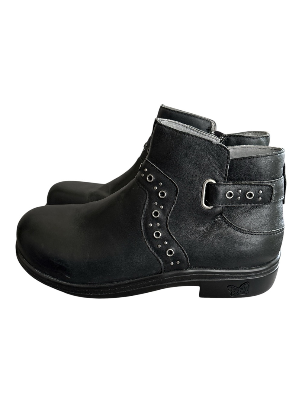 Alegria Zoey Black Leather Ankle Boots with Studded Strap Side Zip